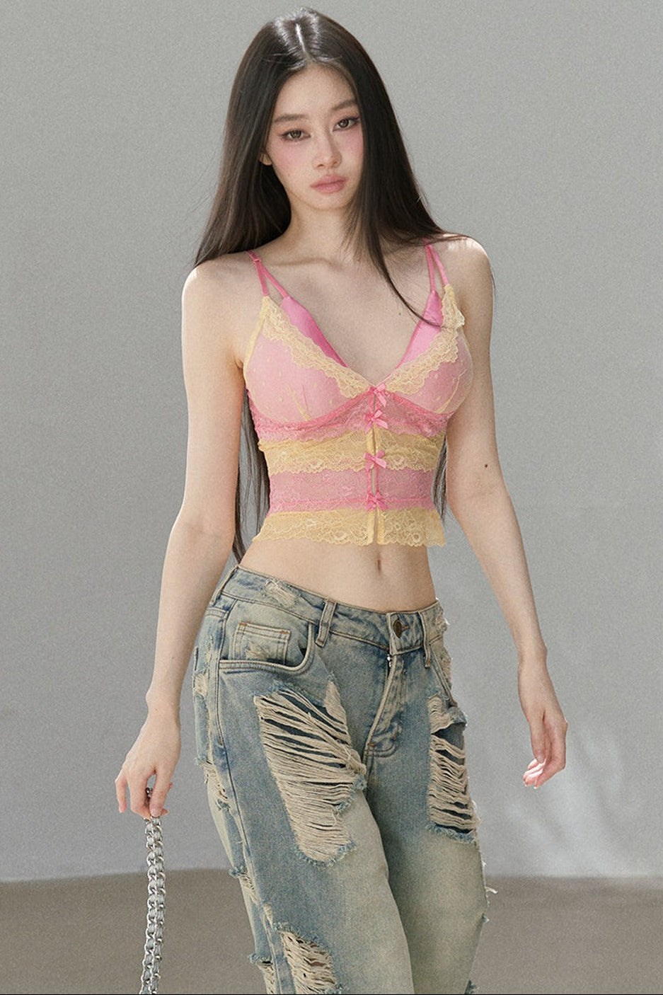 Deep V-Colorblock Lace Top