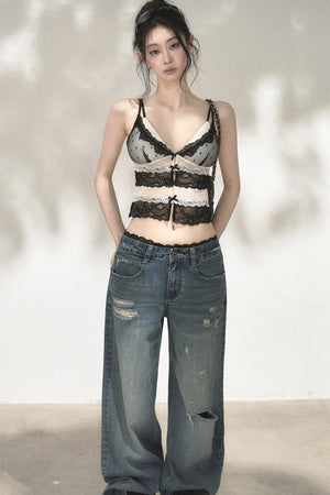 Deep V-Colorblock Lace Top
