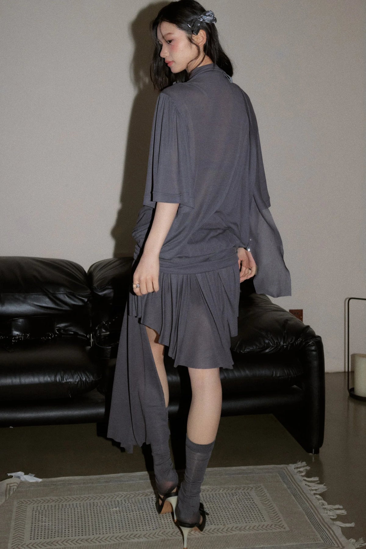 Deep V Neck Asymmetrical Gray Top Set-Up