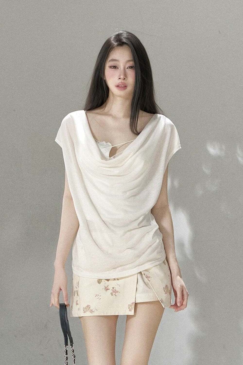 Deep V-Neck Short-Sleeve Ramie Top and Camisole Set