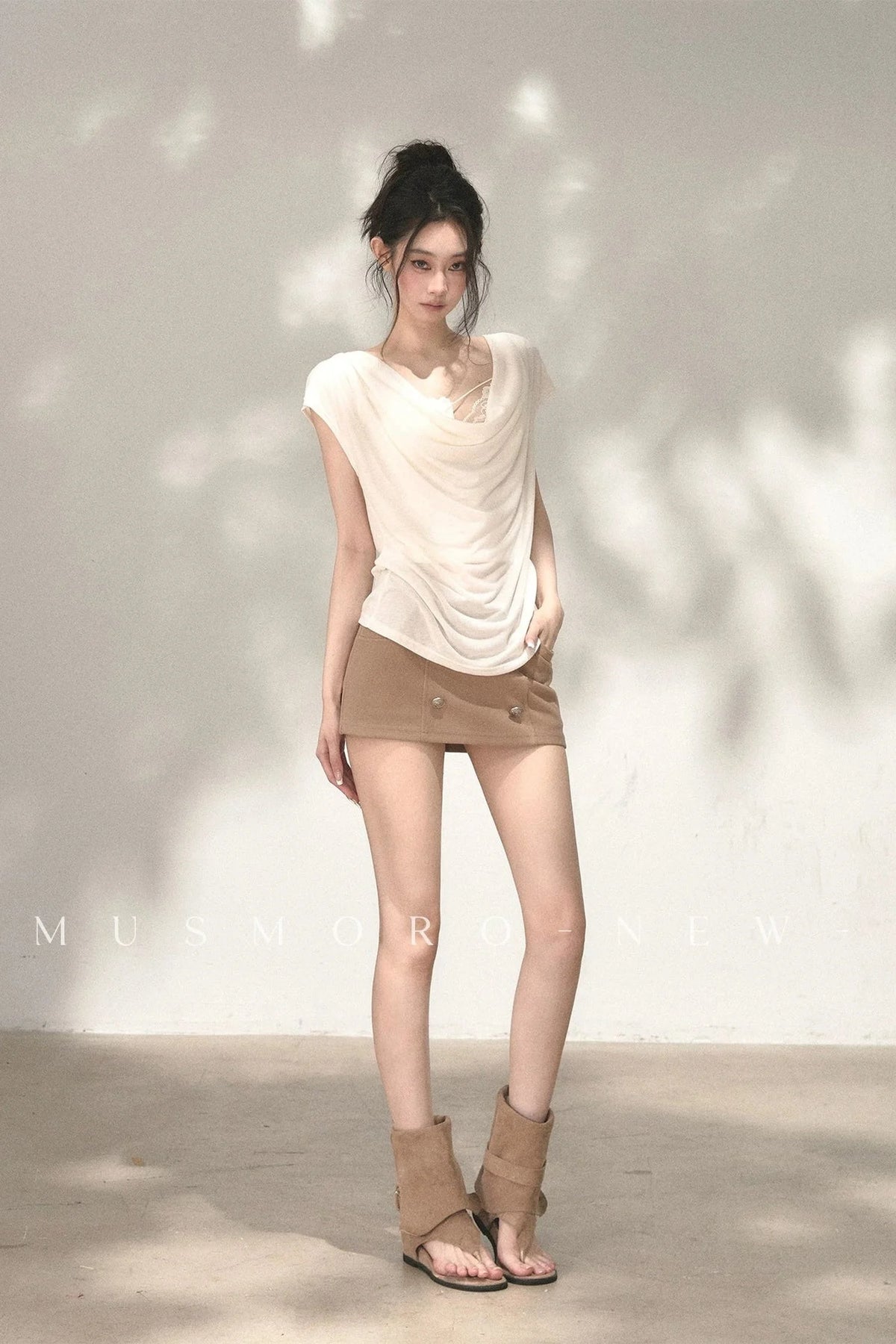 Deep V-Neck Short-Sleeve Ramie Top and Camisole Set