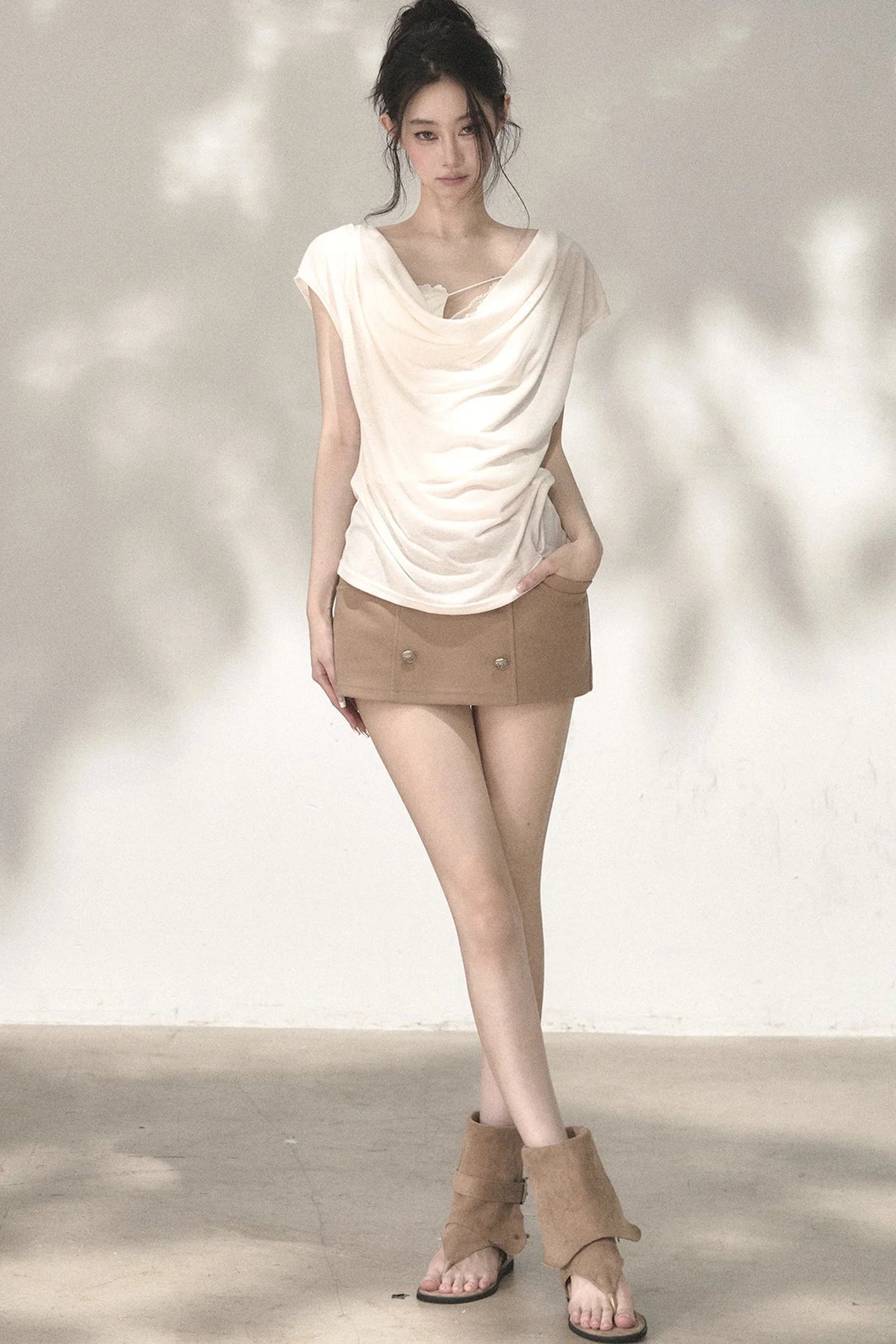 Deep V-Neck Short-Sleeve Ramie Top and Camisole Set