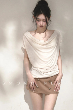 Deep V-Neck Short-Sleeve Ramie Top and Camisole Set