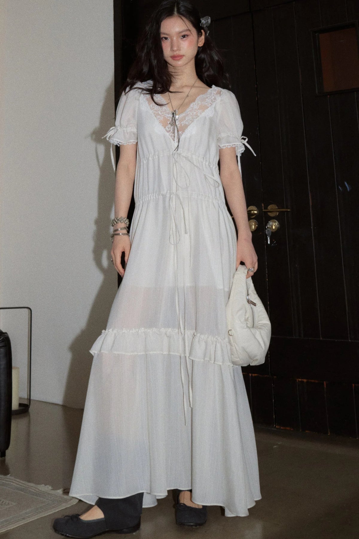 Deep V Striped Lace Tie Dress