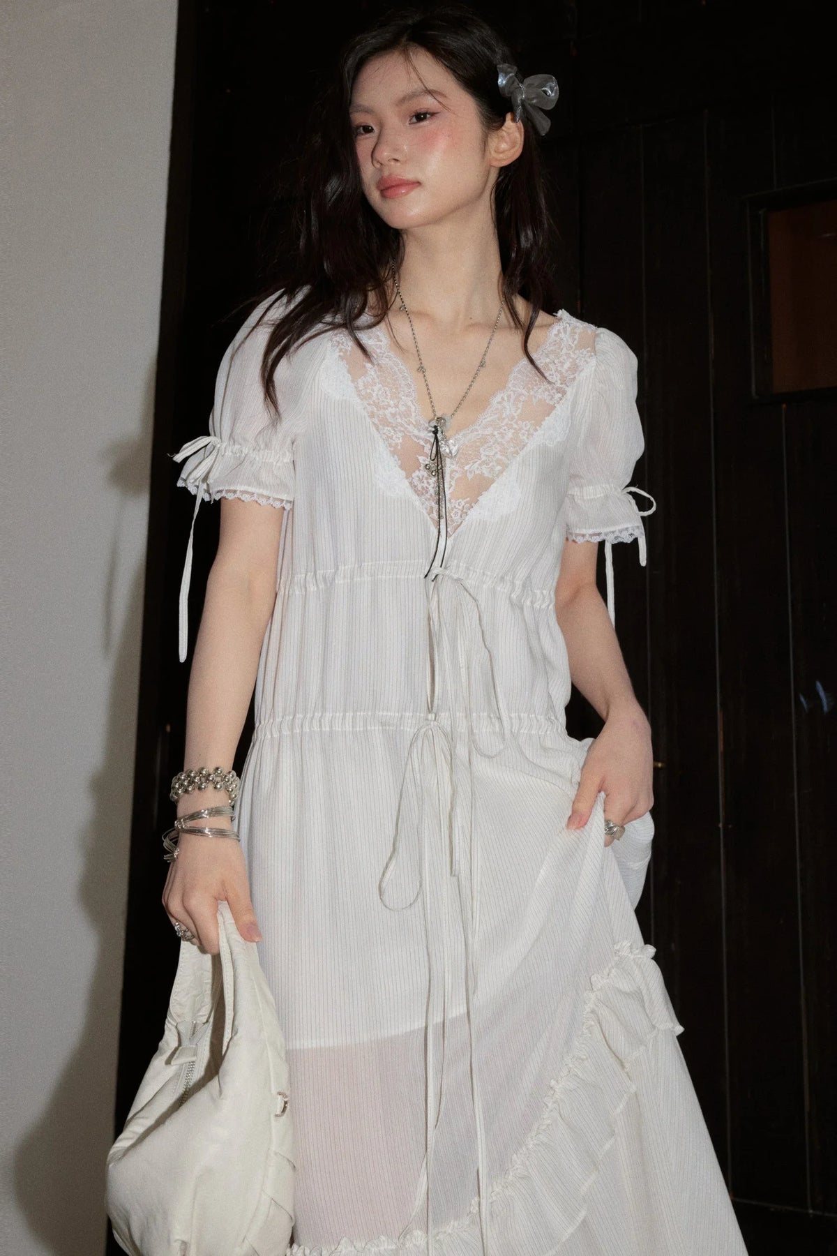 Deep V Striped Lace Tie Dress