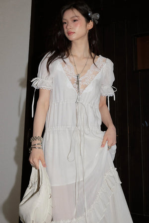 Deep V Striped Lace Tie Dress
