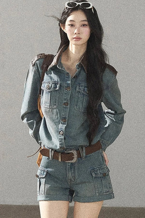 Denim Jacket Shirt And Cargo Shorts Set-Up