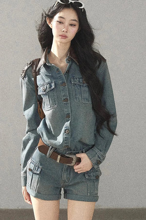 Denim Jacket Shirt And Cargo Shorts Set-Up