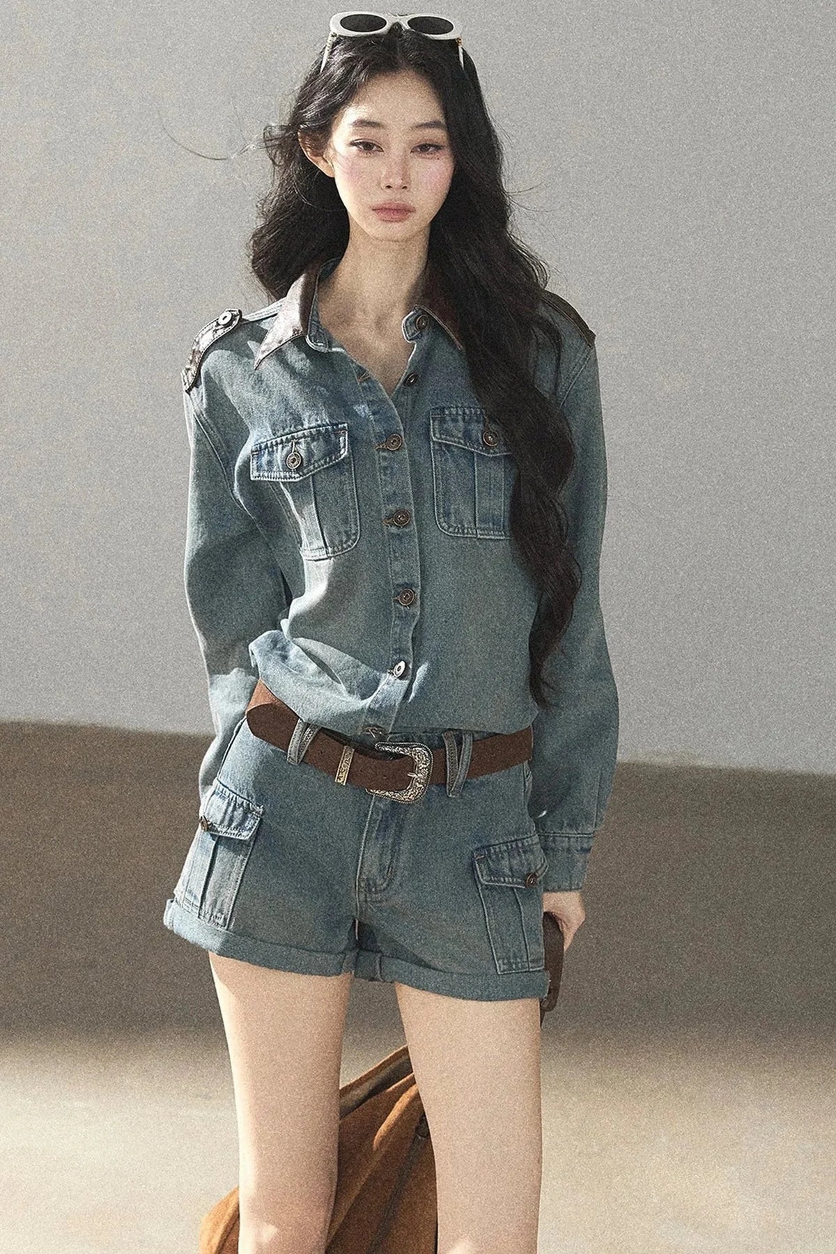 Denim Jacket Shirt And Cargo Shorts Set-Up