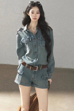 Denim Jacket Shirt And Cargo Shorts Set-Up
