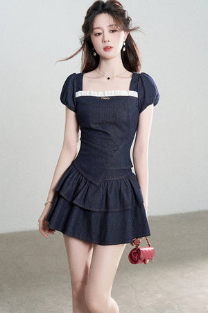 Denim Puff Sleeve Top And Skirt Set