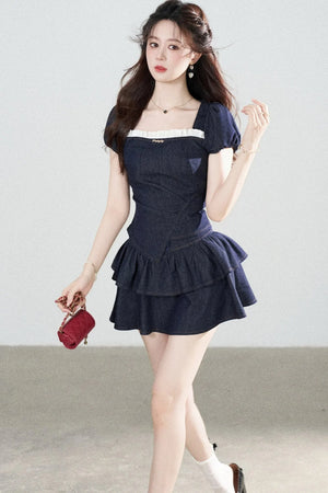 Denim Puff Sleeve Top And Skirt Set