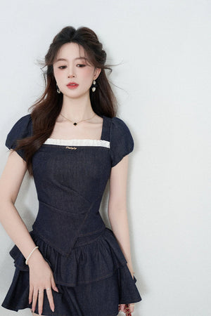 Denim Puff Sleeve Top And Skirt Set