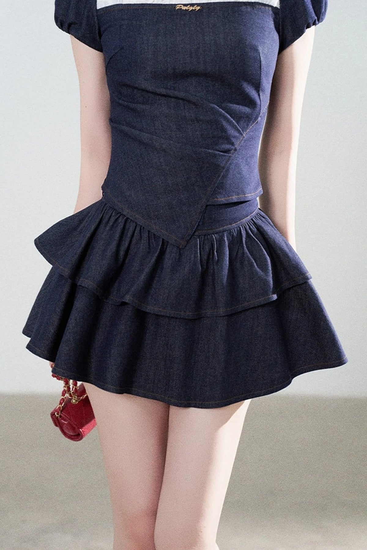 Denim Puff Sleeve Top And Skirt Set