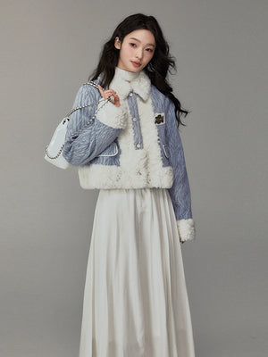 Denim rabbit fur stitching thickened jacket