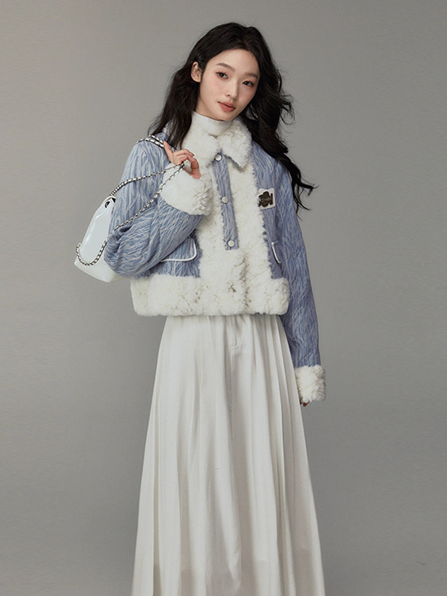 Denim rabbit fur stitching thickened jacket