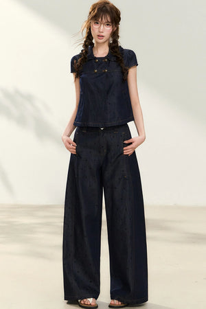 Denim Short-Sleeved Shirt and Wide-Leg Pants Set