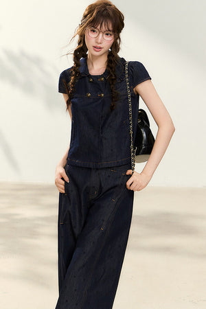 Denim Short-Sleeved Shirt and Wide-Leg Pants Set