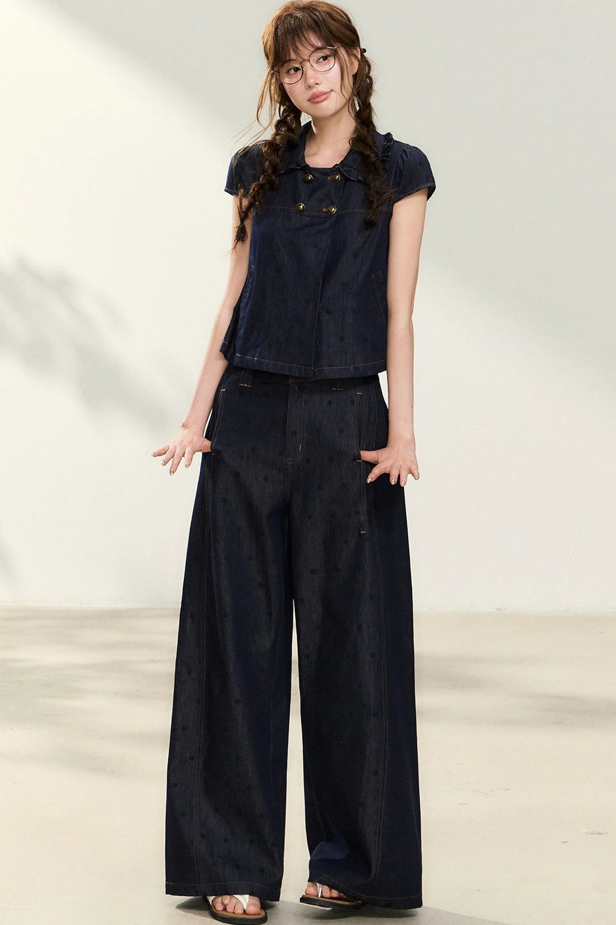 Denim Short-Sleeved Shirt and Wide-Leg Pants Set