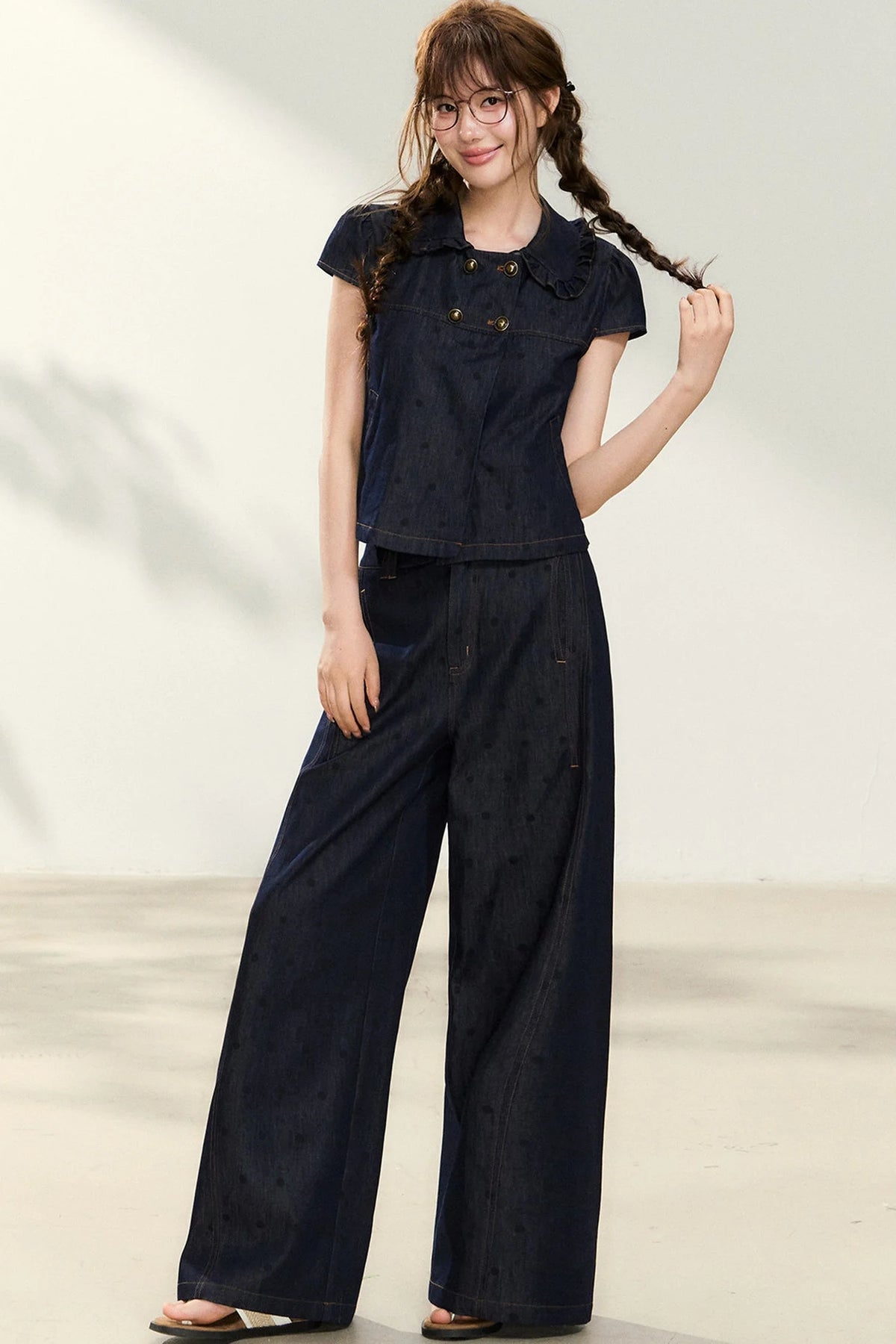 Denim Short-Sleeved Shirt and Wide-Leg Pants Set