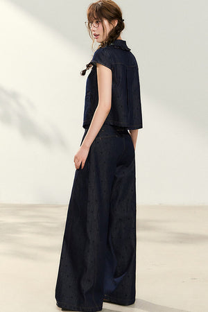 Denim Short-Sleeved Shirt and Wide-Leg Pants Set