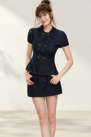 Denim Short-Sleeved Top and A-Line Skirt Set