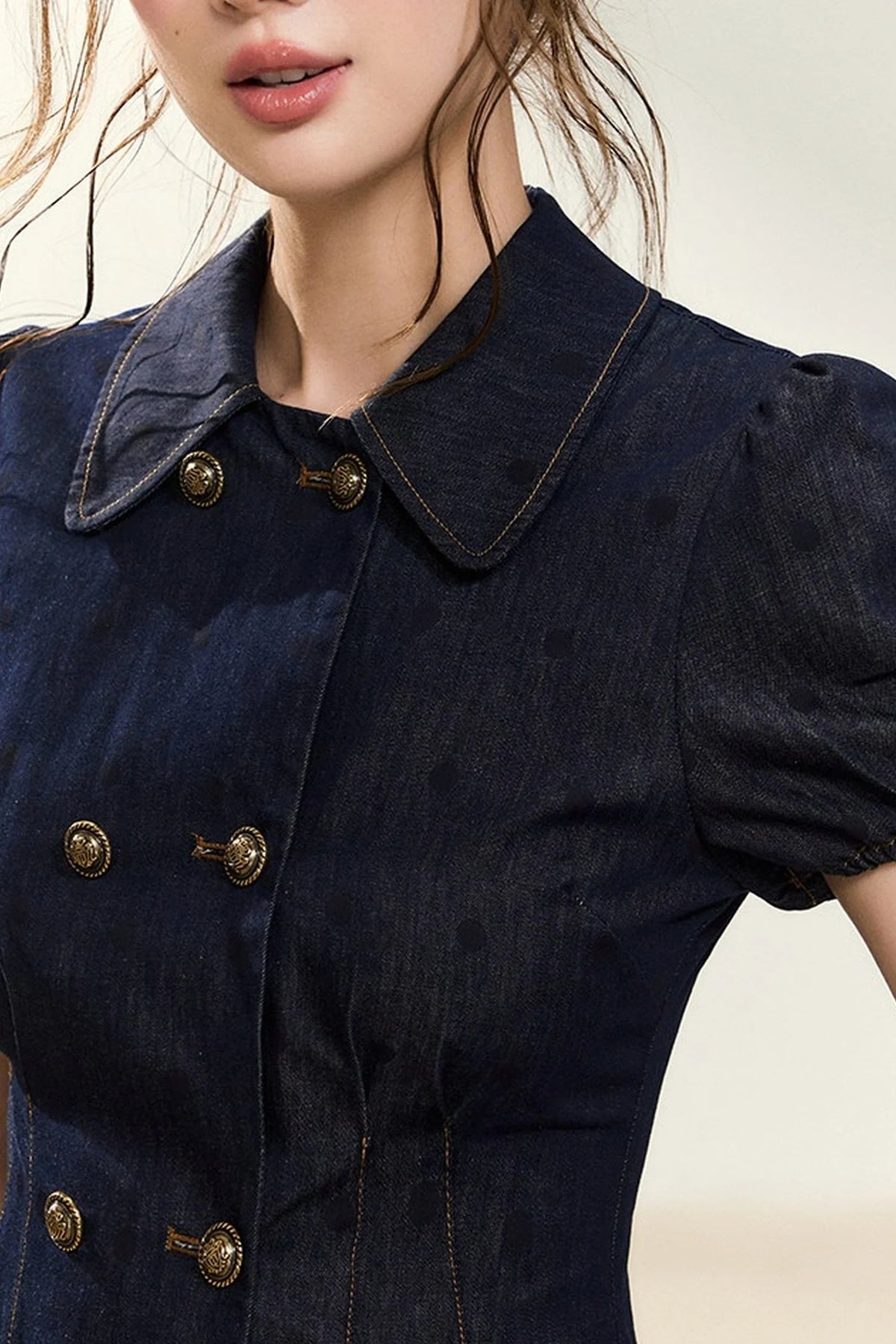 Denim Short-Sleeved Top and A-Line Skirt Set