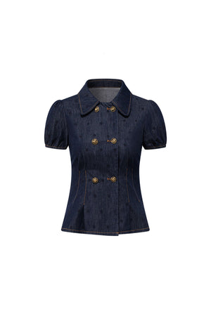 Denim Short-Sleeved Top and A-Line Skirt Set