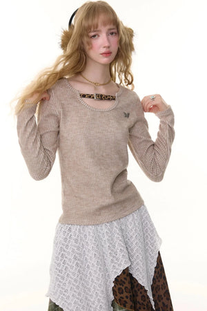 Design Leopard Print Long Sleeve Knit Shirt