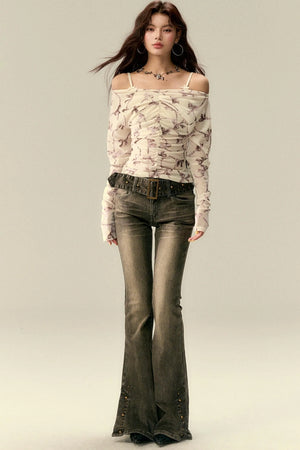 Design Pleated One Shoulder Long Sleeve Top