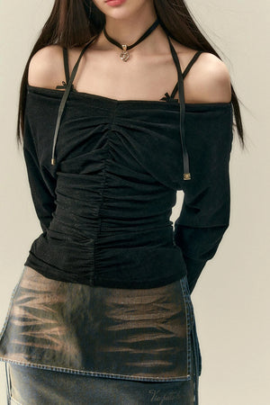 Design Pleated One Shoulder Long Sleeve Top