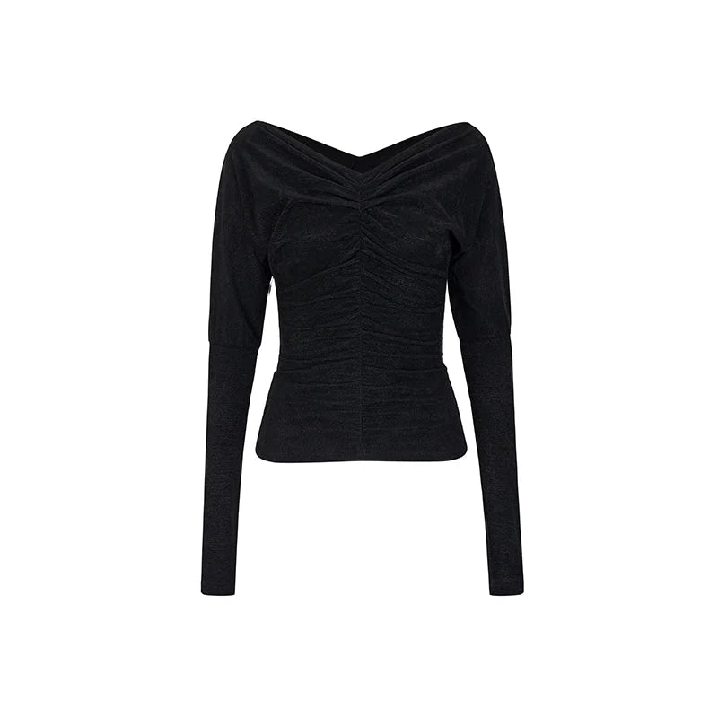 Design Pleated One Shoulder Long Sleeve Top
