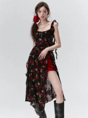 A floral print slip dress with a high-low hemline.