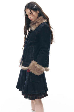 Detachable Fur Collar Denim Jacket Set-Up