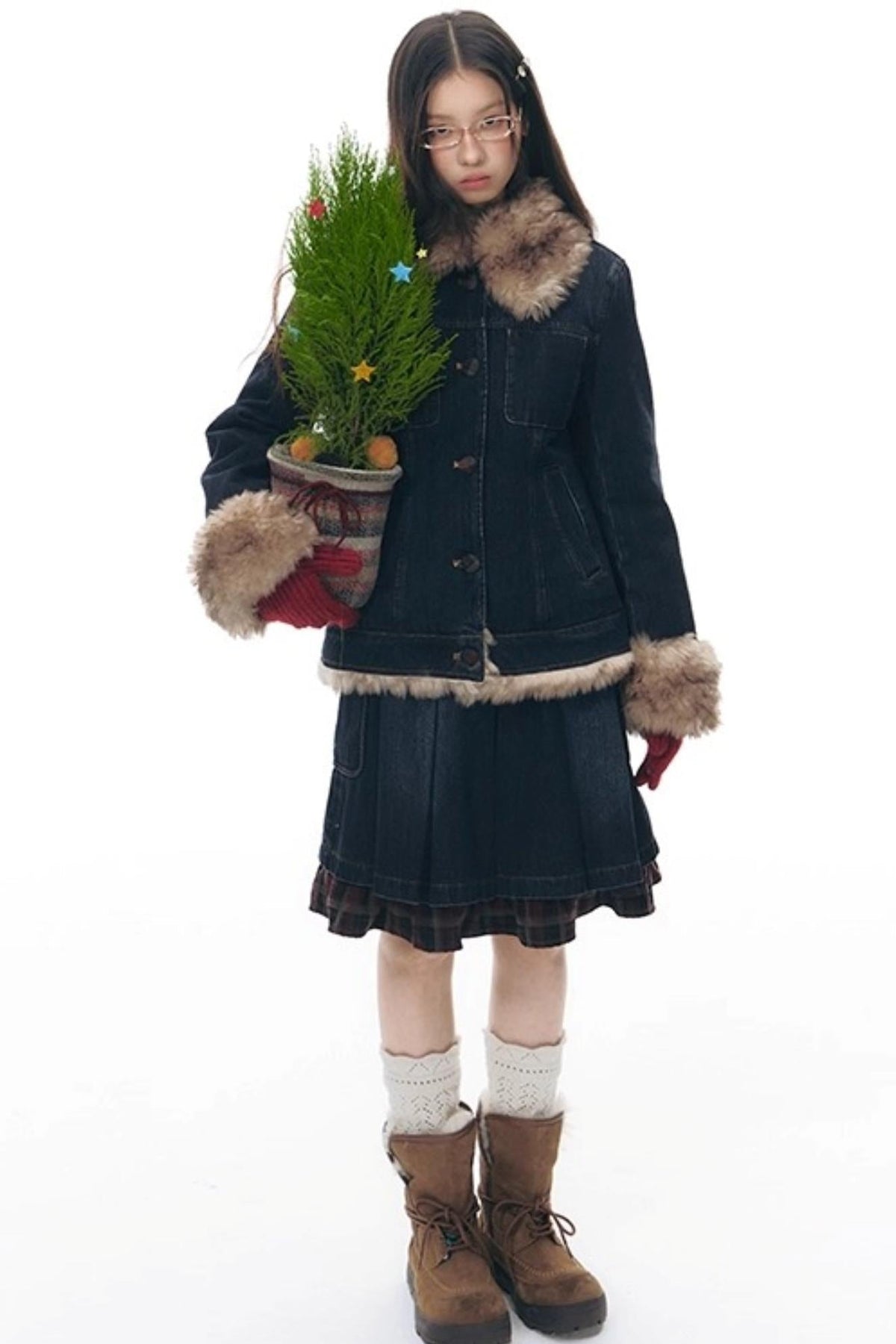 Detachable Fur Collar Denim Jacket Set-Up