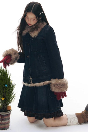 Detachable Fur Collar Denim Jacket Set-Up