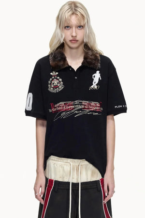 Detachable Fur Collar Retro Polo Top