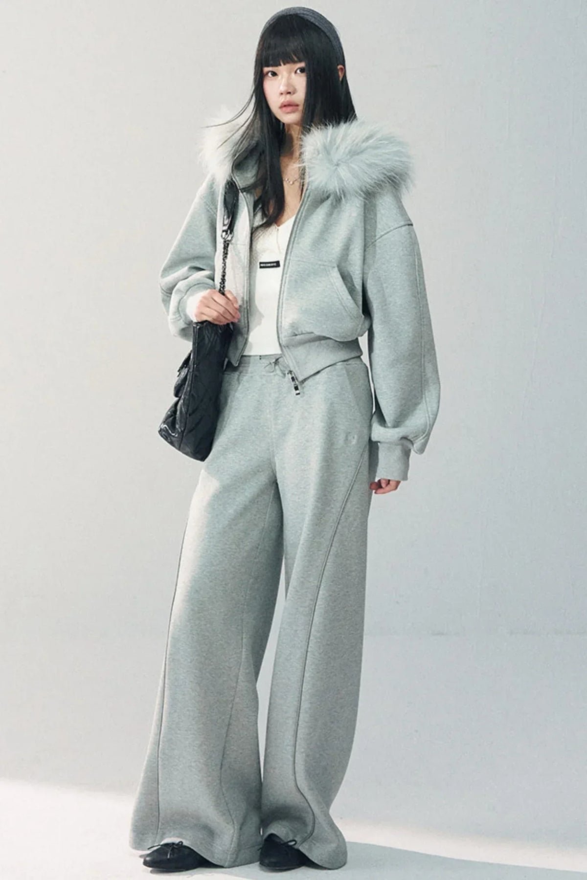 Detachable Fur Collar Sweatshirt Jacket Set-Up