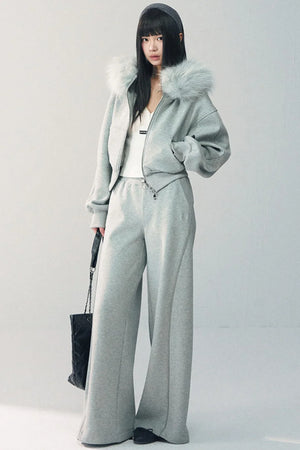 Detachable Fur Collar Sweatshirt Jacket Set-Up