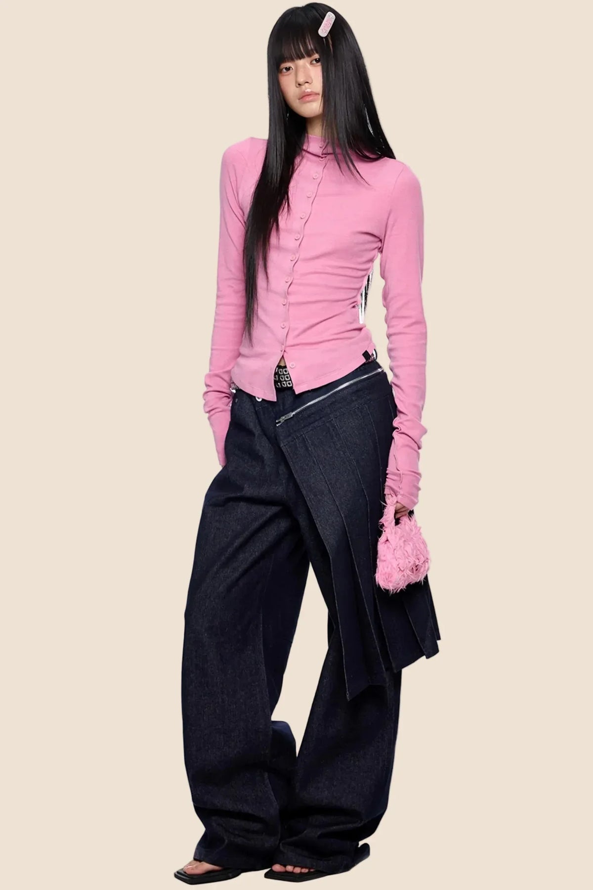 Detachable Pleated Denim Skirt Pants