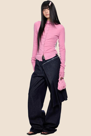 Detachable Pleated Denim Skirt Pants