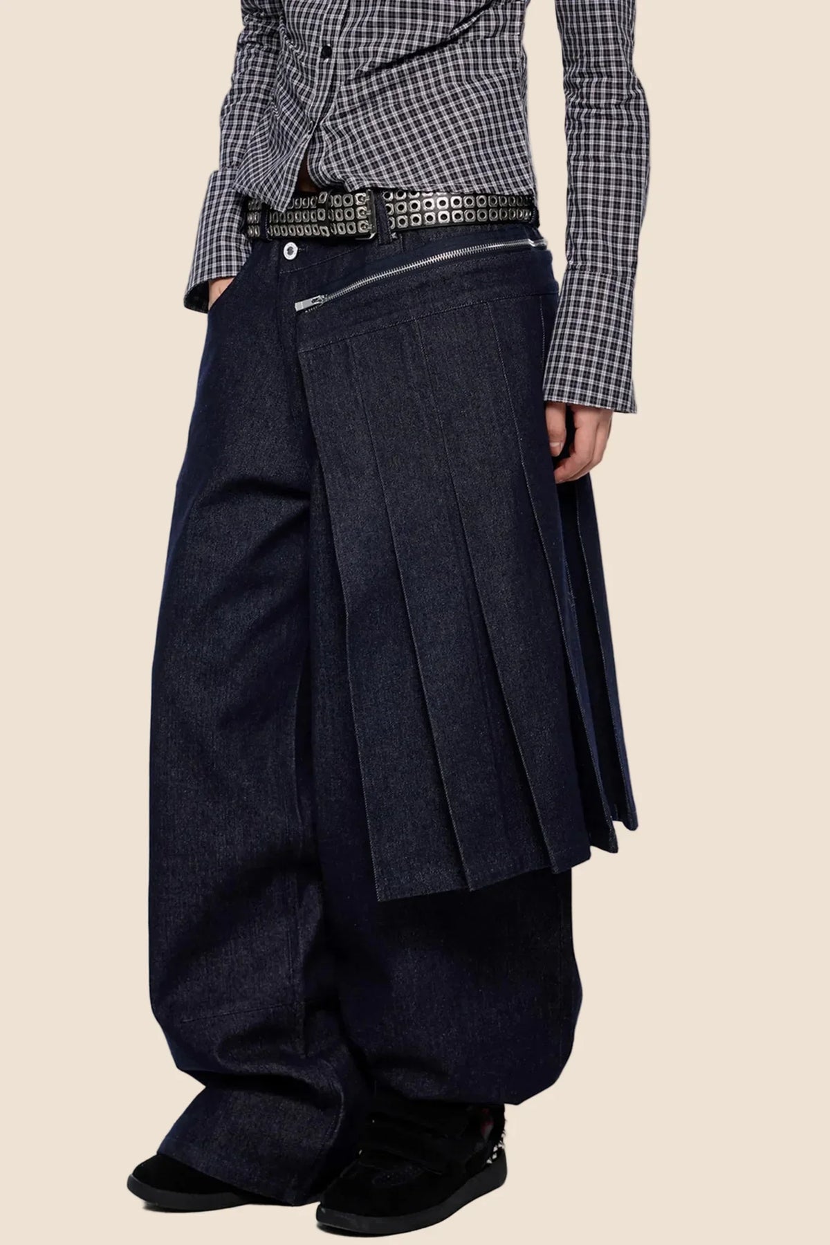 Detachable Pleated Denim Skirt Pants