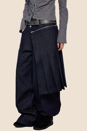 Detachable Pleated Denim Skirt Pants