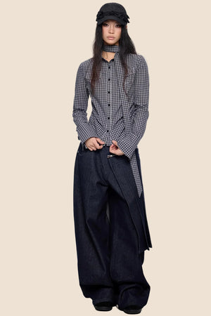 Detachable Pleated Denim Skirt Pants