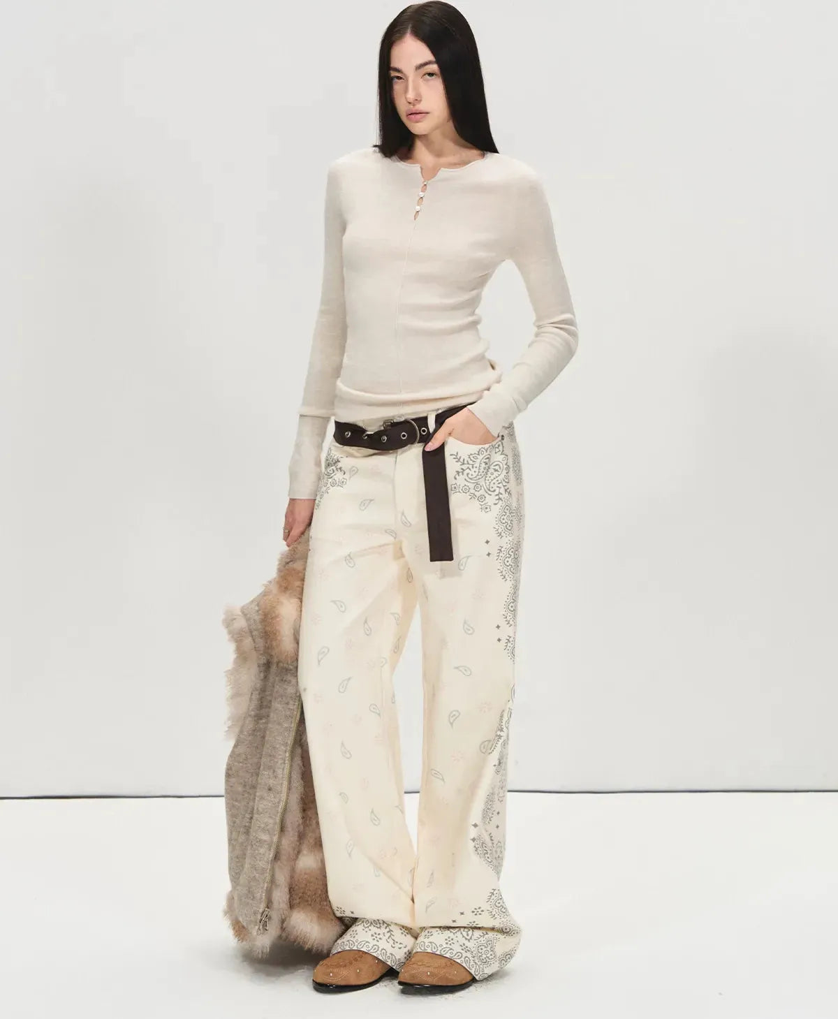 Vintage Paisley Print Relaxed Wide-Leg Pants