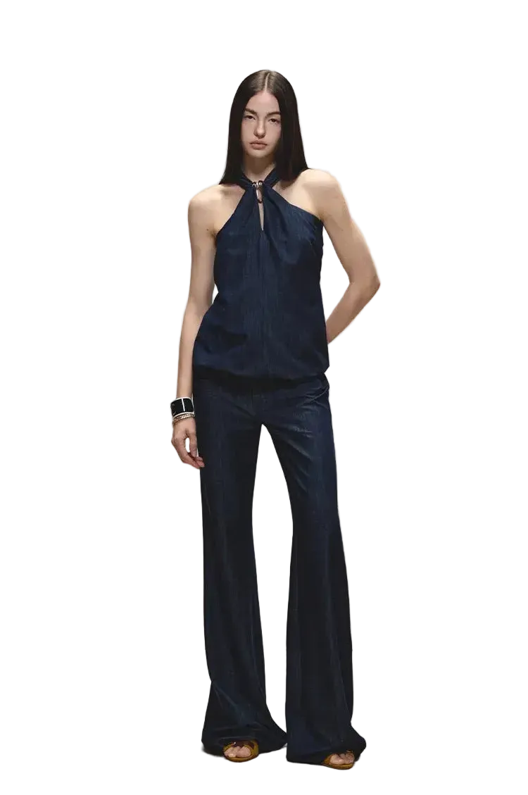 Tencel Denim Blue Hollow Halter Slim Flared Pants