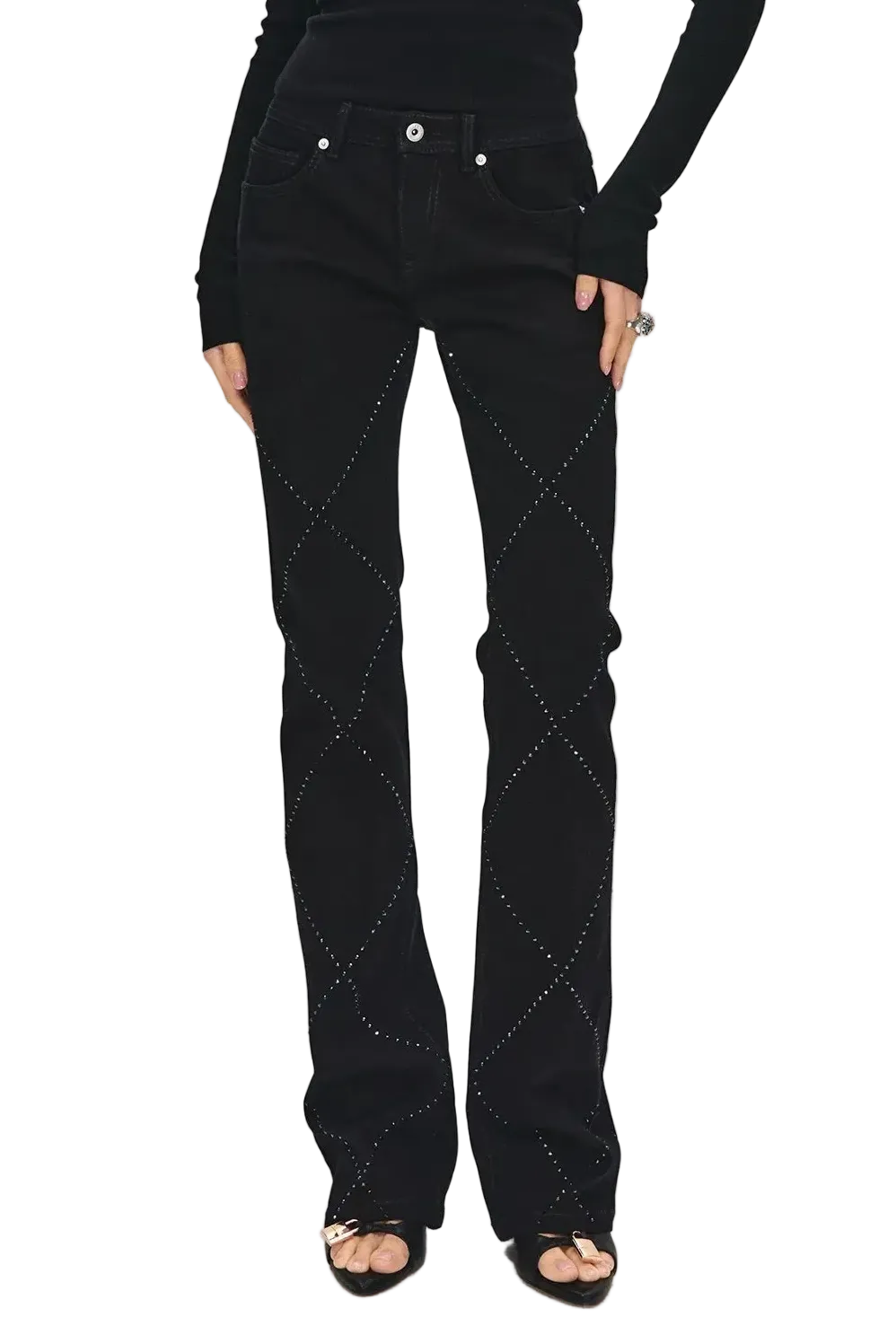 Rhinestone Mid-Low Waist Flared Pants