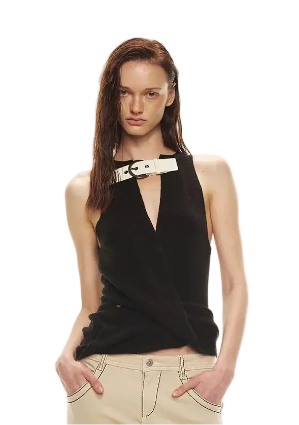 Patchwork Leather Buckle Vest