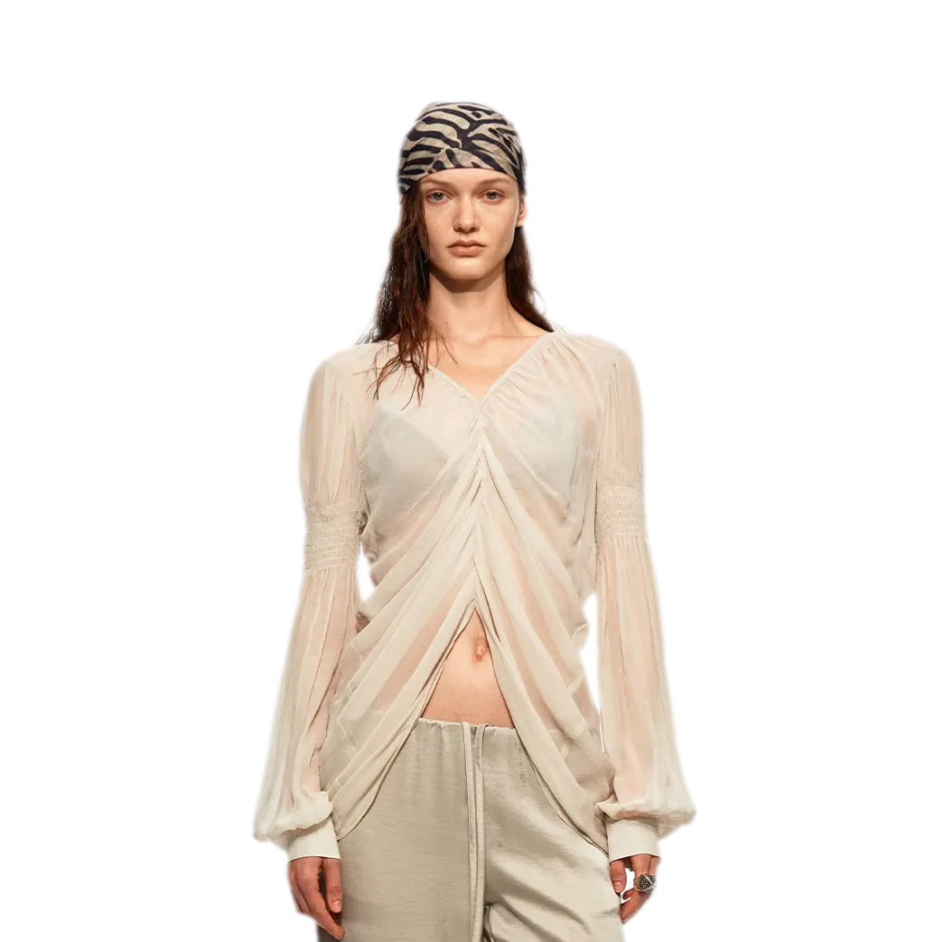 Pleated Bubble Sleeve Chiffon Blouse
