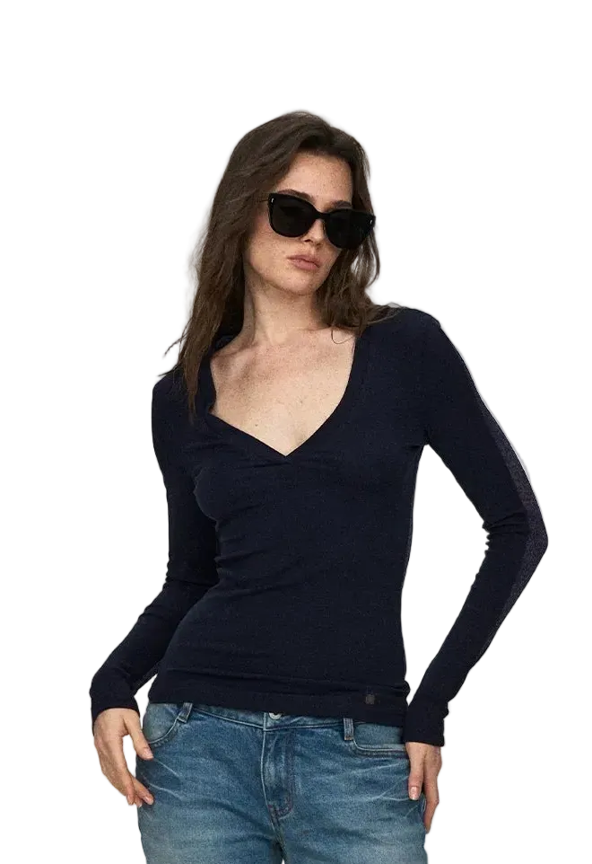 Wool Lyocell V-Neck Long Sleeve Top with Lace